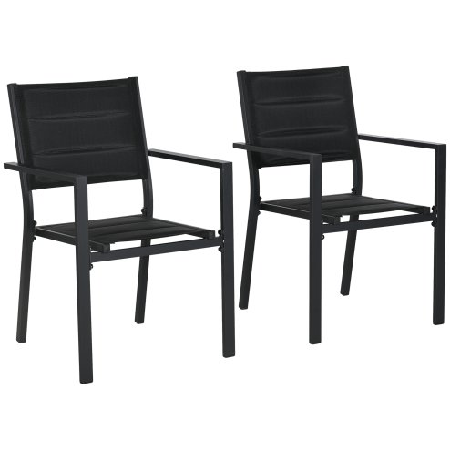 Outsunny 2 Pieces Garden Dining Chairs, Aluminium Outdoor Armchair for 2 with Breathable Mesh Fabric, Stackable Design, Black