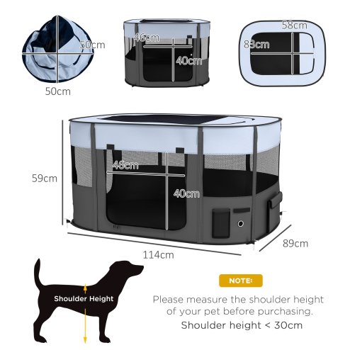 PawHut Dog Pen, Pet Playpen, Portable Foldable Dog Cat Playpen Soft Pet Cage with Storage Bag for Puppies, Rabbits, Kittens, Guinea Pigs, 114 x 89 x 59cm - Grey