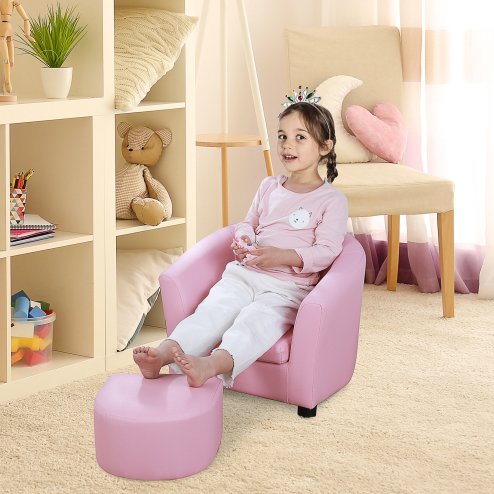 HOMCOM Children's Armchairs Toddler Chair Sofa Footstool 2-in-1 Design for Girls with Thick Padding, Anti-skid Foot Pads, Wood Frame, Pink