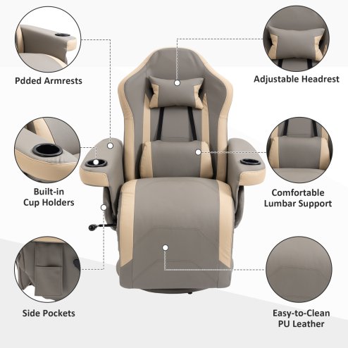HOMCOM Reclining Gaming Chair, 360° Swivel Racing Video Gaming Manual Recliner with Footrest, Headrest and Cup Holder, PU Leather Armchair with Storage Pocket, Grey