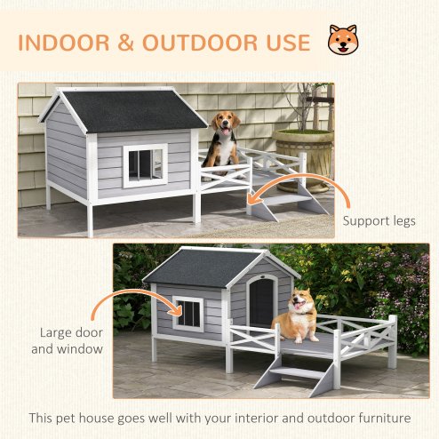 PawHut Outdoor Dog House with Porch, Wooden Dog Kennel with Water-resistant Asphalt Roof, Ladders, Fencing, Window, for Small and Medium Size, Grey