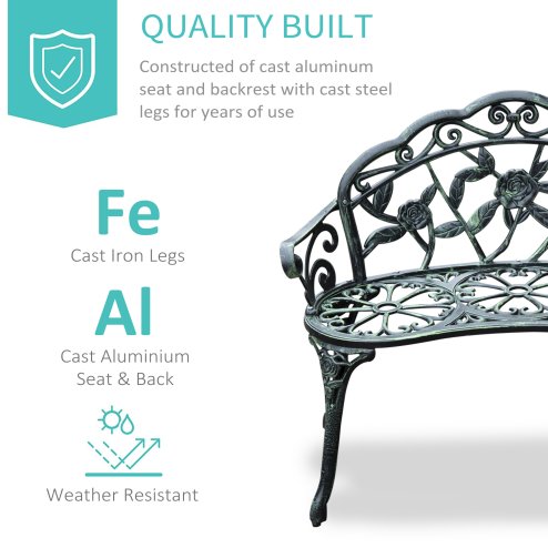 Outsunny 2 Seater Garden Bench, Cast Aluminium Outdoor Garden Loveseat, Antique Rose Style Outdoor Bench Seat with Back and Armrests for Patio, Porch, Park, Green