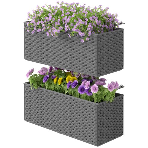 Outsunny Set of 2 Hanging Flower Boxes, 50 cm Long, Rattan Look Flower Pot with Drainage Holes and Hooks, Railing Box for Fence Balcony Garden, Grey