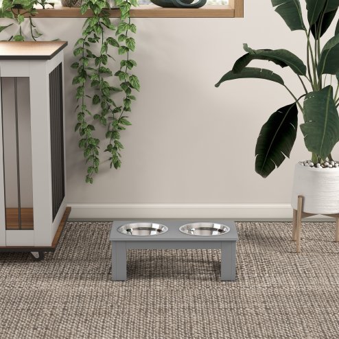 PawHut Raised Dog Bowl Feeding Bowls with Stand for Extra Small and Small Dogs Elevated Pet Bowls Water Food Feeder 44L x 24W x 15H cm - Grey