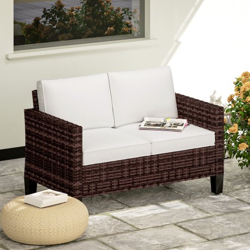 Outsunny 2 Seater Rattan Sofa with Cushions, Wicker Garden Loveseat with Armrests, Outdoor Garden Sofa Couch with Steel Frame for Balcony, Porch, Brown