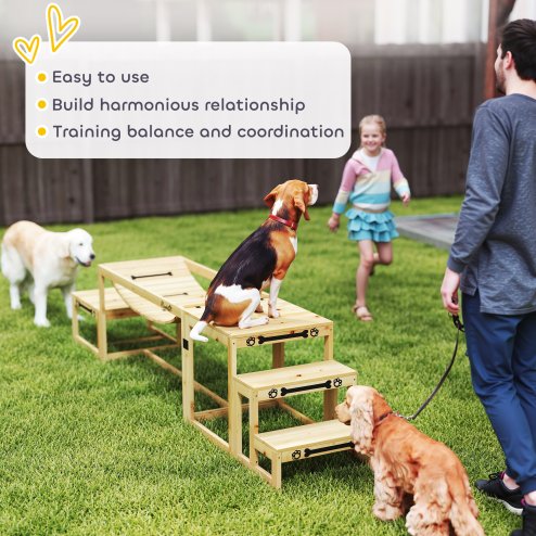 PawHut Dog Agility Equipment 3 Pieces Wooden Dog Agility Set with Soft Bridge, Pause Platform and Pet Stair for Outdoor, Natural Wood