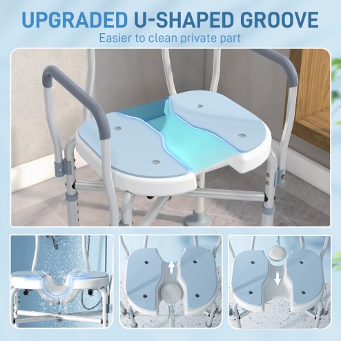 HOMCOM Shower Chair with Upgraded U-shaped Seat and Reinforced Crossbars, Height Adjustable Padded Bath Chair with Non-slip Feet for Elderly Seniors Disabled Handicap, Tool-Free Assembly
