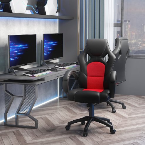 Vinsetto Gaming Chair Faux Leather Swivel Computer Racing Gamer Desk Chair for Home Office with Wheels, Red