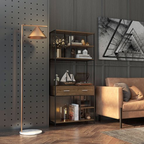 HOMCOM 5 Tier Bookcase, Industrial Book Shelf with 2 Drawers and Metal Frame, Bookshelf for Home Office, Study, Living Room, Brown