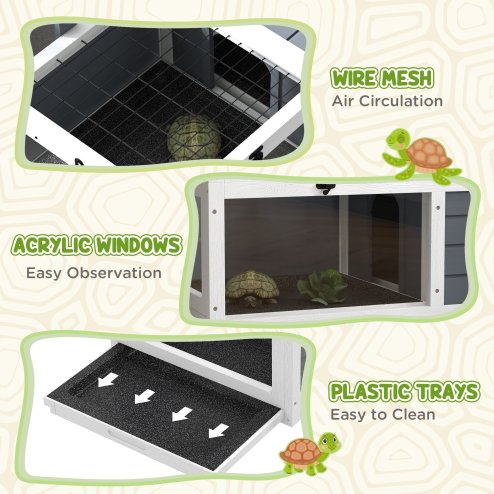 PawHut Tortoise House, Wooden Tortoise Table, Tortoise Enclosure with Adjustable Lamp Holder, Openable Lids, Pull-Out Trays - Grey