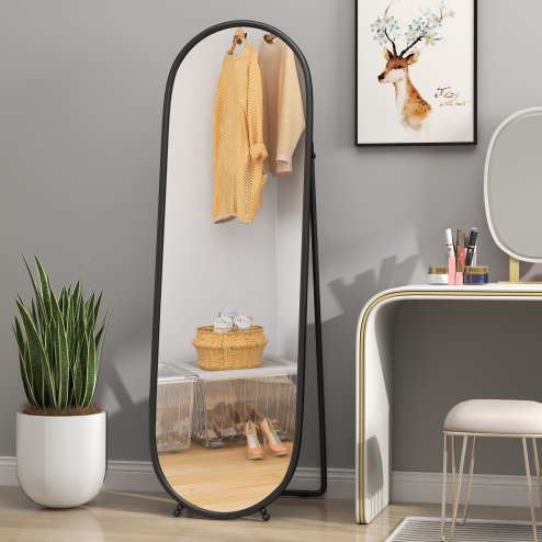 HOMCOM 40 x 160cm Full Length Mirror, Floor Standing or Leaning Against Wall Tall Mirror with Support Frame, Oval Full Body Mirror for Bedroom, Living Room, Black