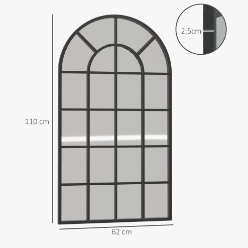 HOMCOM Modern Arched Wall Mirror, 110 x 62 cm Window Mirror for Living Room, Bedroom, Black