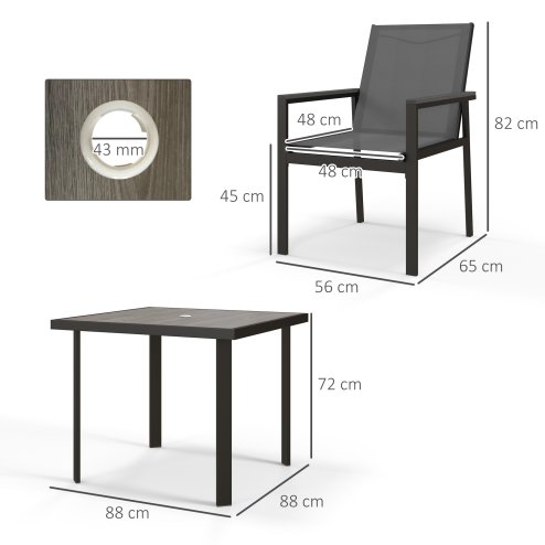 Outsunny 5 Pieces Garden Dining Set with Glass Top Dining Table, Outdoor Patio Table and 4 Armchairs with Texteline Fabric Seats and Backrest, Wood-plastic Composite Armrests Top, Grey