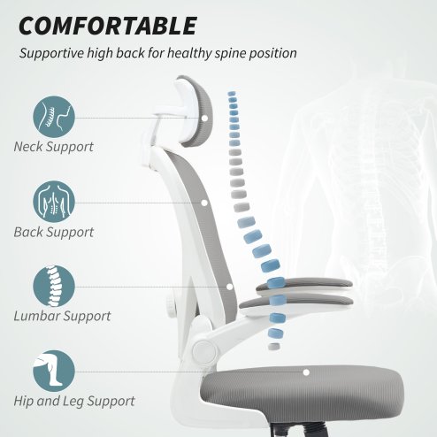 HOMCOM Executive Office Chair, Ergonomic Mesh High Back Desk Chair with Flip-up Armrest, Rotatable Headrest, Adjustable Lumbar Support for Home Study, Grey