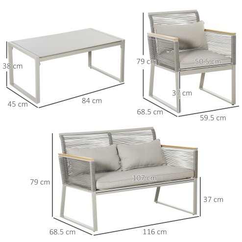 Outsunny 4 Pieces Rattan Garden Furniture Set, Metal Frame Outdoor Furniture Sofa Set with Cushions, Pillows & Tempered Glass Top Table, Wicker Garden Sofa for Conservatory, Patio, Grey