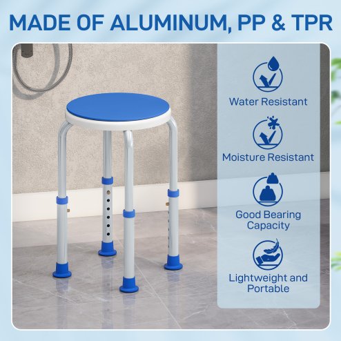 HOMCOM 360° Swivel Seat Bath Shower Stool, Adjustable Height Shower Chair with Aluminium Frame Non-Slip Feet Chair Safe Support Home Assistance, Blue