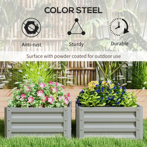 Outsunny Set of 2 Raised Garden Bed, Outdoor Planter Box with Galvanised Steel Frame for Growing Vegetables, Flowers and Herbs, 60 x 60 x 30.5 cm, Light Grey