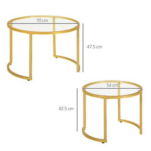 HOMCOM Coffee Table Set of 2, Modern Nest of Tables with Tempered Glass Top, Steel Frame for Living Room, Gold Tone