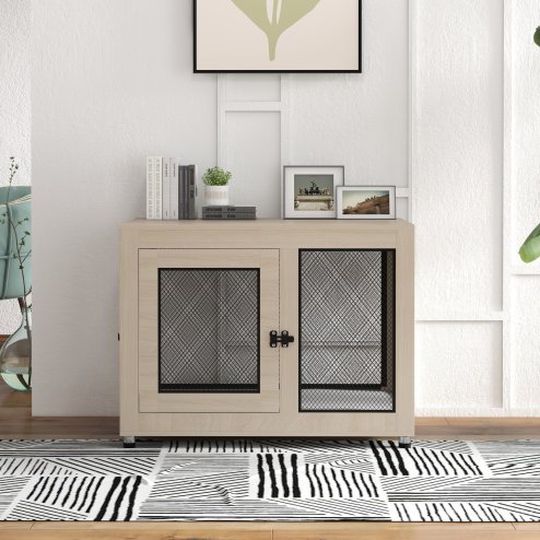 PawHut Dog Crate Furniture End Table w/ Soft Washable Cushion, Two Doors, Indoor Pet Kennel for Small Medium Large Dogs w/ Wire Mesh, Oak