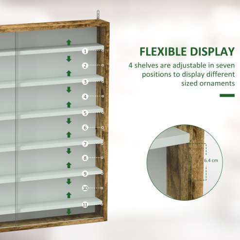 HOMCOM 7-Tier Wall Mounted Display Cabinet, Display Case with 6 Adjustable Shelves, Glass Doors for Home Office Ornaments 83x80cm, Rustic Brown