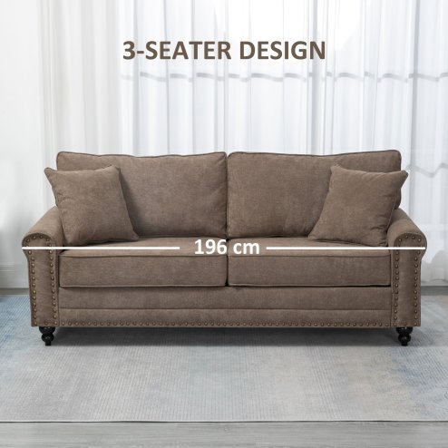 HOMCOM 3 Seater Sofa, Fabric Couch with Rubber Wood Legs, 3 Seater Settee with Extra Padded Cushions and Pillows for Living Room, 196W x 80.5D x 89H cm, Brown