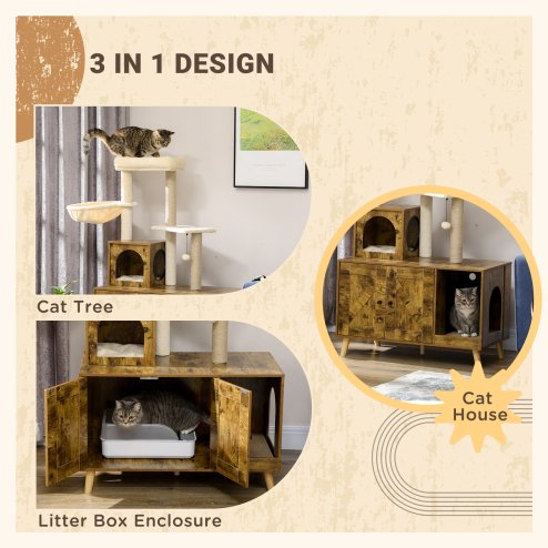 PawHut Cat Tree with Litter Box Enclosure, 2-in-1 Cat Tower for Indoor Cats with Cat House, Scratching Post, Hammock, Cushion, Rustic Brown