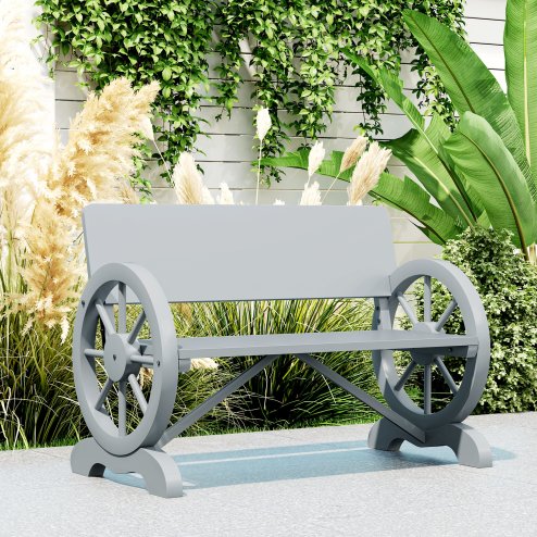 Outsunny Wooden Garden Bench, 2 Seater Outdoor Bench Outdoor with Wagon Wheel Armrests and High Back, Grey