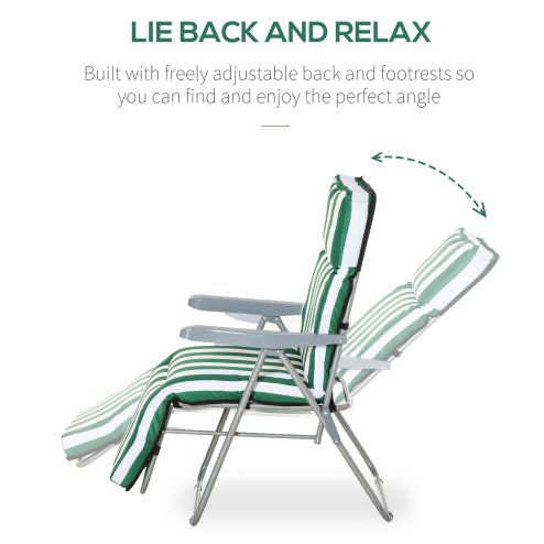 Outsunny Reclining Garden Chair Set of 2, 5-Level Adjustable Zero Gravity Chairs with Cushions, Folding Sun Lounger Garden Recliner Chairs with Armrests for Outdoor, Patio, Green Stripe