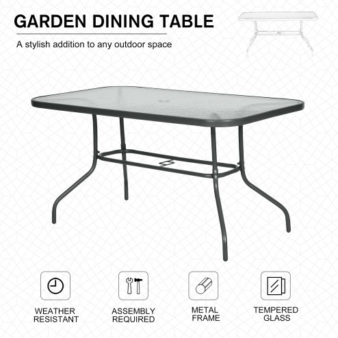 Outsunny Garden Dining Table Glass Top Metal Frame with Parasol Hole Outdoor Balcony Grey 140L x 80Wcm