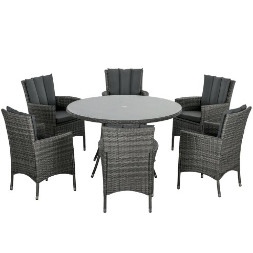 Outsunny 7-Piece PE Rattan Garden Furniture Set, Wicker Outdoor Dining Set with Cushions, Umbrella Hole & Round Glass Top Table, 6 Seater Garden Table and Chairs for Patio, Balcony, Mixed Grey