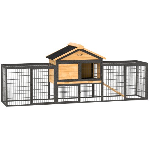 PawHut Rabbit Hutch Outdoor, Wooden Guinea Pig Hutch with Steel Run, Removable Leak Proof Tray, Water-Resistant Roof, Ramp, Small Animal House for 2-3 Bunnies, Guinea Pigs, 217 x 53 x 86 cm