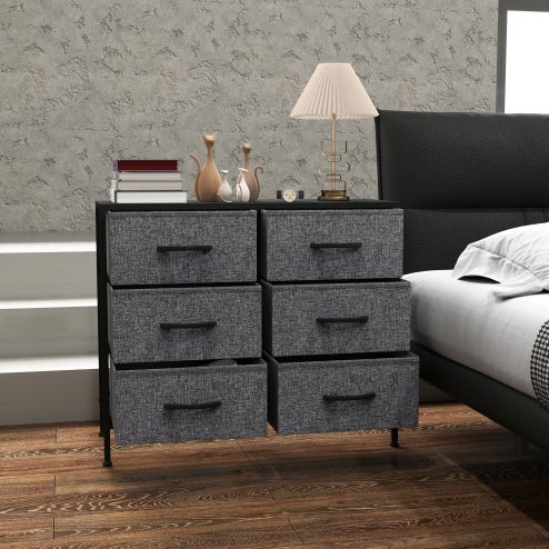 HOMCOM Fabric Chest of Drawers, Storage Drawers, Industrial Bedroom Dresser with 6 Fabric Drawers, Steel Frame and Wooden Top for Nursery, Living Room, Hallway, Black