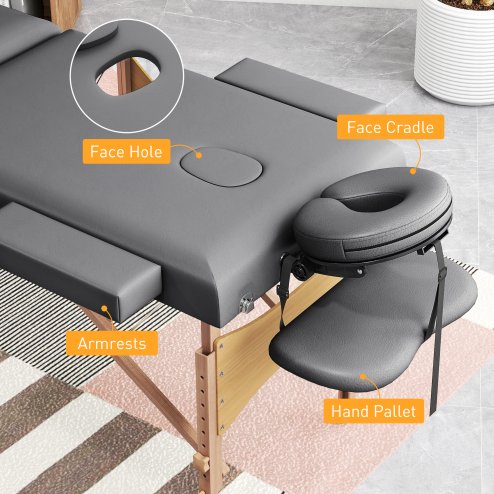 HOMCOM Portable Massage Table, 3 Section Adjustable Beauty Bed, Wooden Foldable Massage Bed with Face Cradle, Padded Armrests for Spa, Lash, Tattoo, Grey