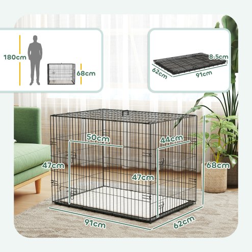 PawHut Dog Crate, Folding Metal Dog Cage with Two Doors, Tray, Soft Cushion, for Large Dogs, 91 x 62 x 68 cm, Black
