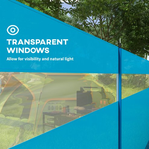 Outsunny Camping Windbreak, 5 Pole Windbreaker Blocker with Clear Windows, Carry Bag and Steel Poles, for Beach Caravan Campervan, 725 x 140cm, Blue