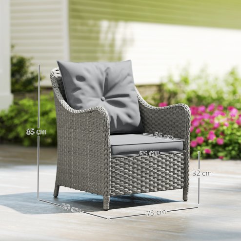 Outsunny Rattan Garden Chairs Set of 2, Outdoor Rattan Chairs with Cushions, Armrests and High Back, PE Wicker Garden Armchair with Steel Frame for Balcony, Porch, Dark Grey
