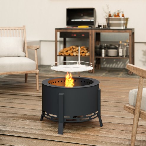 Outsunny Portable Fire Pit, 58 cm Round Firepit with Grill Grate, Fire Bowl with Ash Catcher and Poker, Fire Pit BBQ for Garden Camping Bonfire Picnic, Black