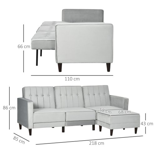 HOMCOM Corner Sofa Bed Reversible 3-Seater Sectional Sofa Set Velvet-Touch Sleeper Futon with Footstool, Light Grey