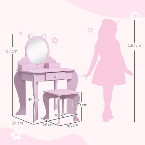 ZONEKIZ Kids Dressing Table, Kids Vanity Table, Girls Dressing Table with Mirror, Stool, Drawer, Storage Boxes, Cat Design, for Ages 3-6 Years - Pink