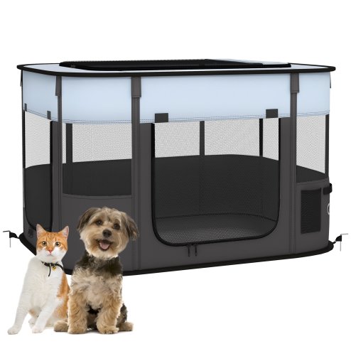 PawHut Dog Pen, Pet Playpen, Portable Foldable Dog Cat Playpen Soft Pet Cage with Storage Bag for Puppies, Rabbits, Kittens, Guinea Pigs, 84 x 64 x 53cm - Grey