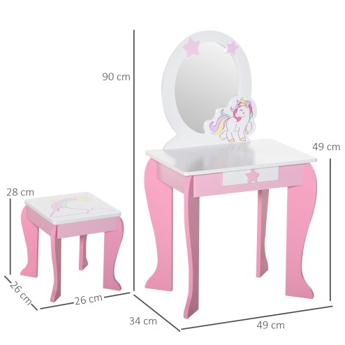 HOMCOM Girls Dressing Table with Mirror, Stool, Kids Dressing Table, Unicorn-Designed Play Toy for Toddles Girls Age 3-6 Years, Acrylic Mirror, Pink and White