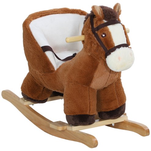 AIYAPLAY Kids Rocking Horse, Plush Ride on Horse, with Sound, Wood Base, Seat Safety Belt, for Ages 18-36 Months, Brown