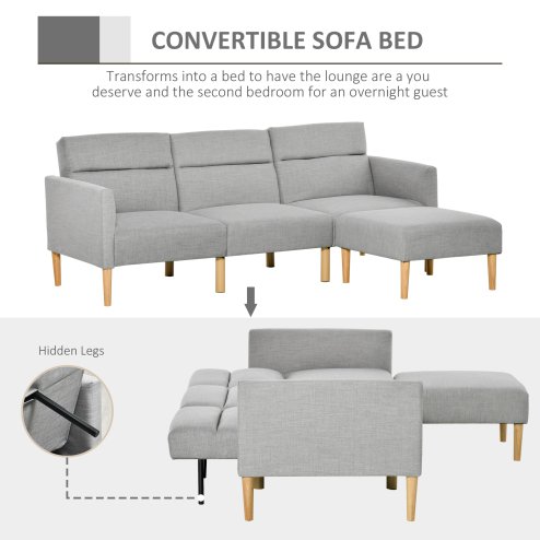 HOMCOM Upholstered 3 Seater Sofa Bed, Corner Reversible Click Clack Sofa Set, Linen-Touch Fabric Sleeper Futon with Footstool, Light Grey