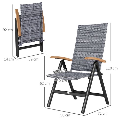 Outsunny Outdoor Folding Dining Chair, PE Rattan Chair with Armrests, High Backrest, for Garden, Camping, Balcony, Porch, Light Grey