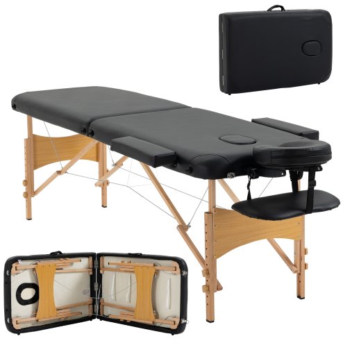 HOMCOM Portable Massage Bed, Folding Spa Beauty Massage Table with 2 Sections, Carry Bag and Wooden Frame, Black