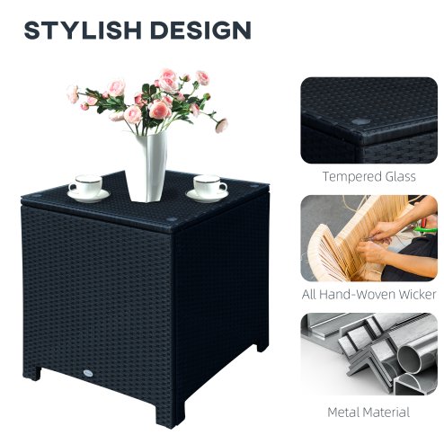 Outsunny Patio PE Rattan Side Table, Square Outdoor Coffee Table w/ Tempered Glass Top, Black