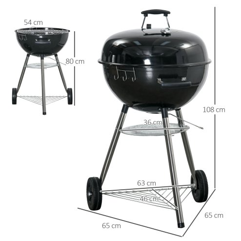 Outsunny Portable Kettle Charcoal Grill BBQ Smoker with Cover, Outdoor Round Barbecue with Lid, Thermometer, Turner, Knife, Clip, Storage Shelf, & Wheels for Party Patio Garden