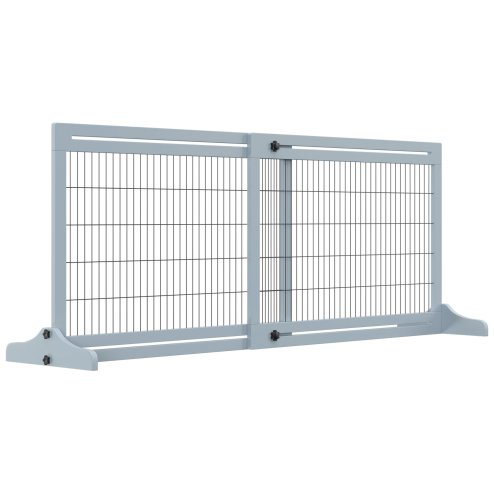 PawHut Freestanding Dog Gate, Foldable Pet Fence, Indoor Wood Barrier, Stair Gate with Support Feet, for Doorway, Hallway, Small and Medium Dogs, 69H x 104-183 cm, Blue-grey