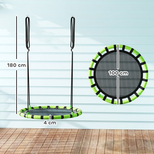 AIYAPLAY Kids Nest Swing Seat, Hanging Set with Height Adjustable Ropes for Kids, 100cm Diameter Round Saucer Swing Chair for Outdoor, Garden, Black/Green