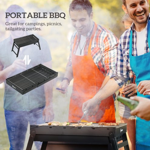 Outsunny Portable Charcoal Grill with Pull-Out Charcoal Basin, Folding Tabletop Barbecue, Compact Camping BBQ, Galvanised Metal, 73 x 31 x 38 cm, Black